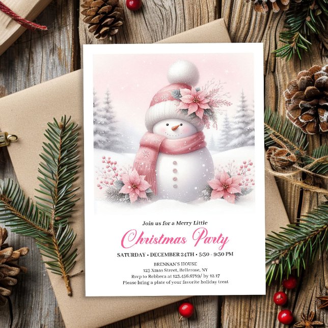 Convite Whimsical Pink Snowman Digital Christmas Invite  (Whimsical Pink Snowman Digital Christmas Invite for Kids)