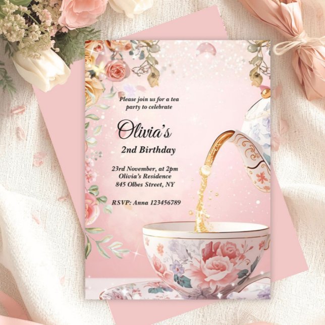 Convite Whimsical Pink Tea Party Floral Birthday  (garden tea party, pink tea party invitation, kids birthday invitation, spring tea party, glittery te)