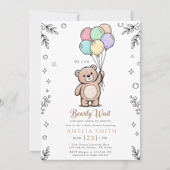 Convite Whimsical Pink Yellow Teddy bear baby shower (Frente)