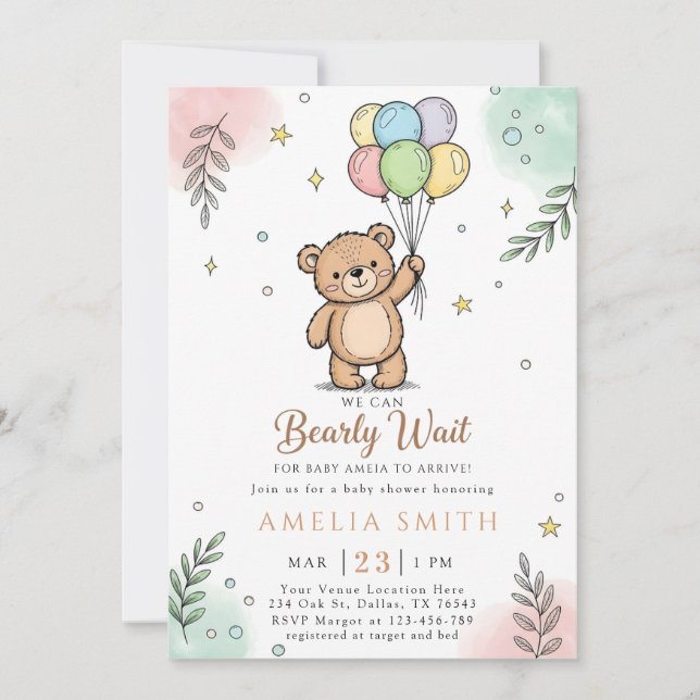 Convite Whimsical Pink Yellow Teddy bear baby shower (Frente)