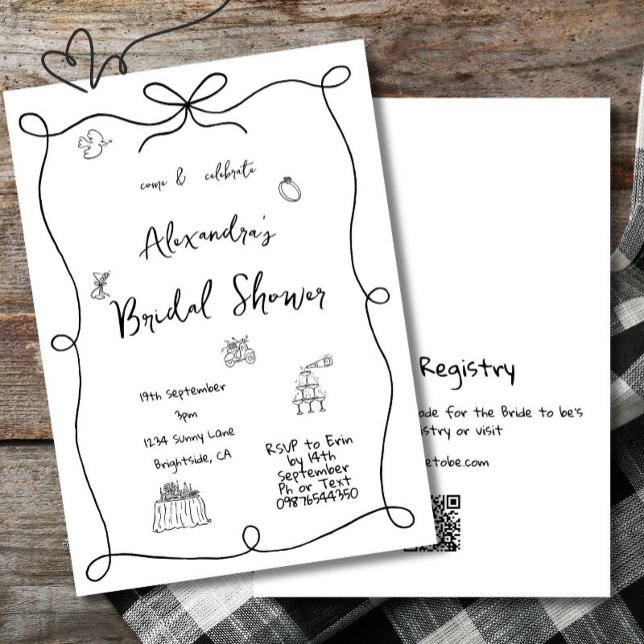 Convite Whimsical Preto Simples Desenhado À Mão Do chá de  (Criador carregado)