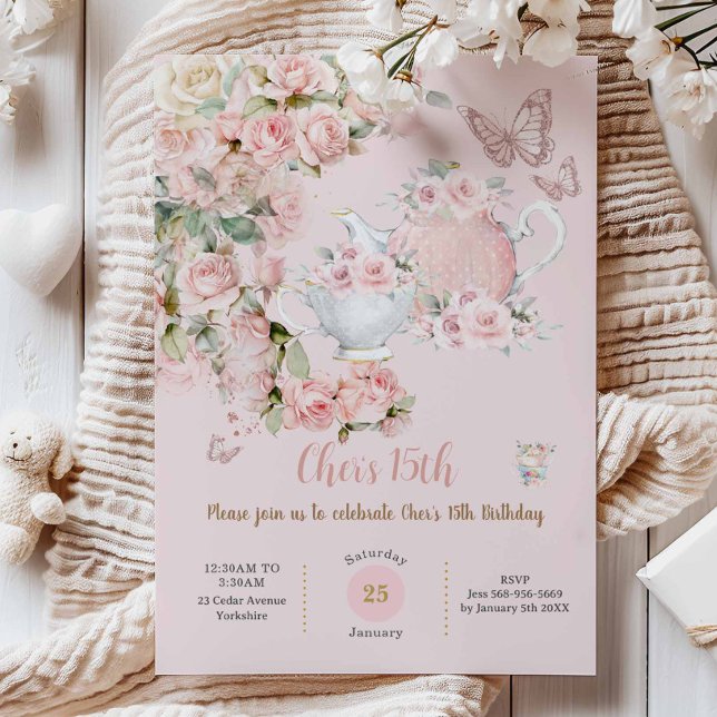 Convite Whimsical Princess Fairytale Castle Pink Birthday (shabby chic blush pink roses floral high tea party birthday baby shower bridal invitation cards )