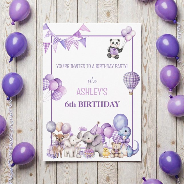 Convite Whimsical Purple Animals Birthday  Invitation (Criador carregado)