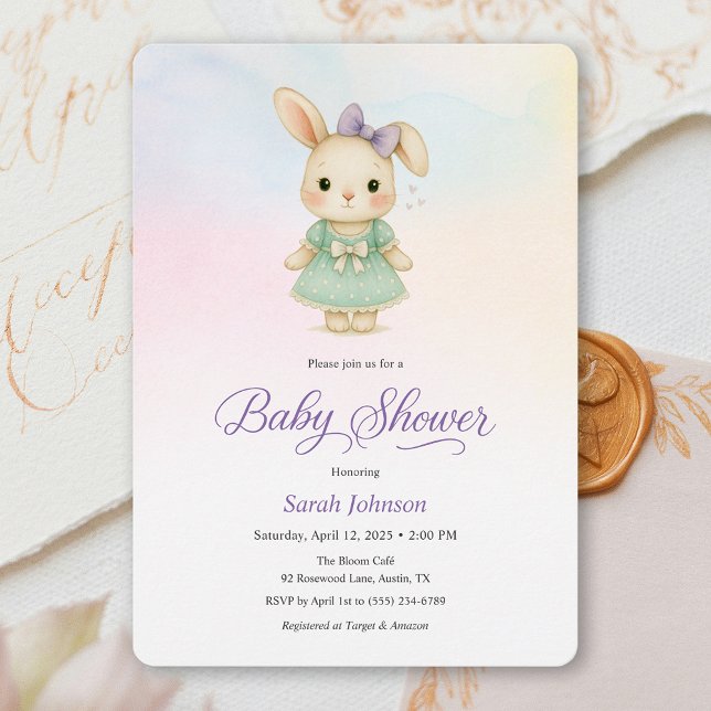 Convite Whimsical Purple Bunny Girl Baby Shower Invite (Whimsical Purple Bunny Girl Baby Shower Invite)