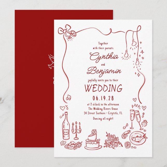 Convite Whimsical Quirky Funky Hand Drawn Wedding (Frente/Verso)