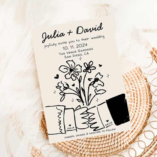 Convite Whimsical Quirky Handwrite Floral Wedding (Criador carregado)