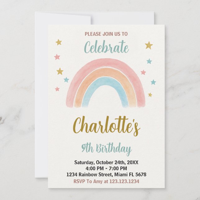 Convite Whimsical Rainbow Birthday (Frente)
