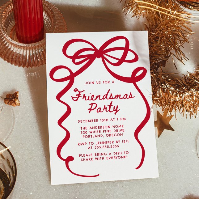 Convite Whimsical Red Bow Friendsmas Christmas Party (Criador carregado)