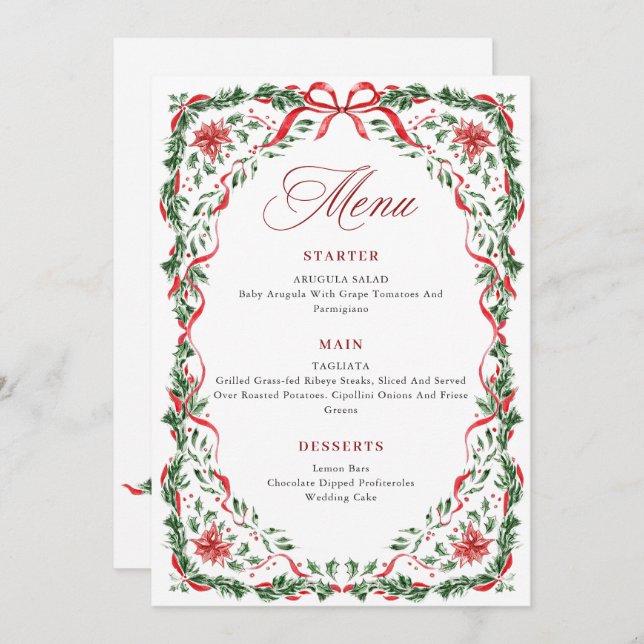 Convite Whimsical Red Bow Printable Christmas Menu Card (Frente/Verso)
