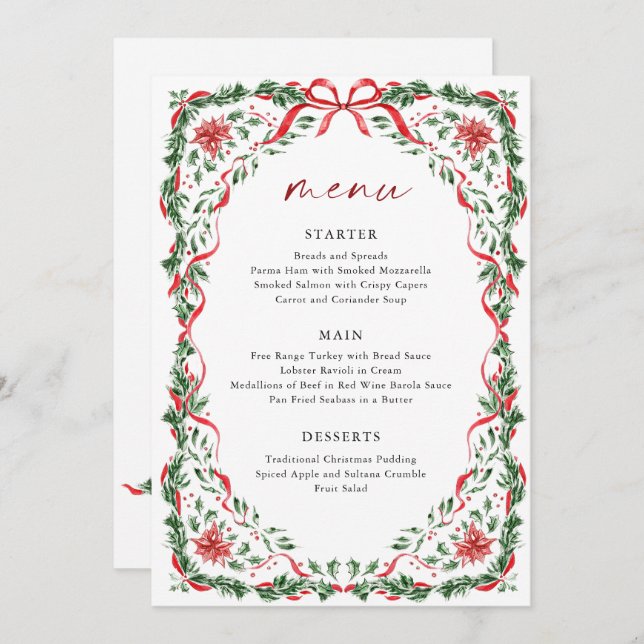 Convite Whimsical Red Bow Printable Christmas Menu Card (Frente/Verso)
