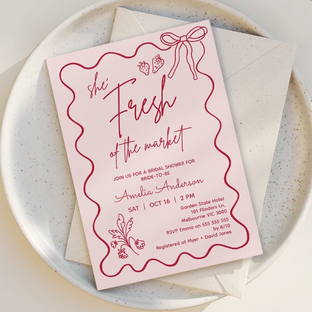 Convite Whimsical Red Fresco Do Chá de panela De Mercado (Fresh off the Market Bridal Shower Invitation, Whimsical Market Farmers Bridal Shower Invitation )