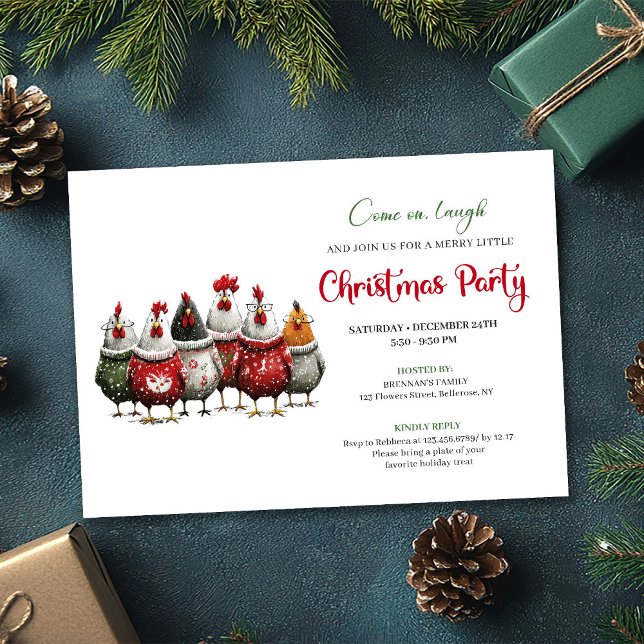 Convite Whimsical Red Green Chickens Christmas Party  (Whimsical Red Green Chickens Christmas Party Invite)