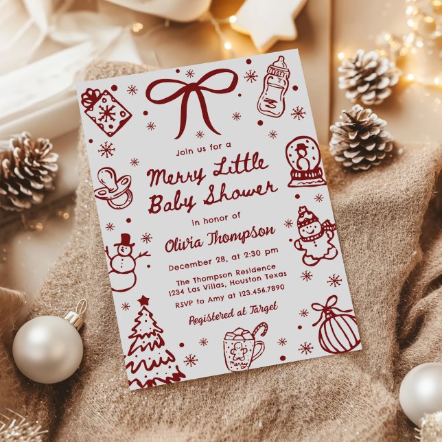Convite Whimsical Red Hand Drawn Merry Little Baby Shower (Criador carregado)