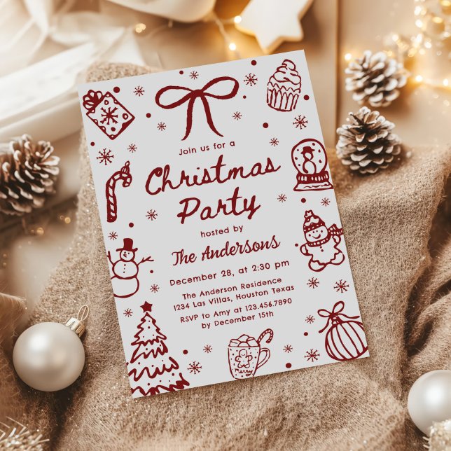 Convite Whimsical Red Hand Drawn Quirky Christmas Party (Criador carregado)