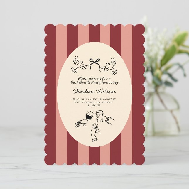 Convite Whimsical Red Pink Striped Scribble Bachelorette (Criador carregado)