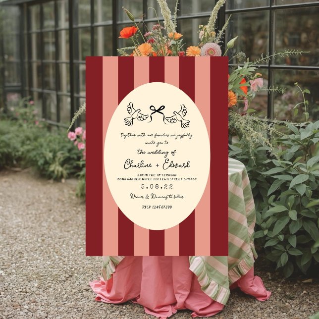 Convite Whimsical Red Pink Striped Scribble  Wedding  (Criador carregado)