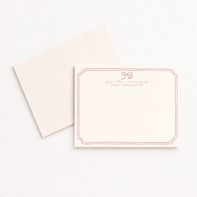 Convite Whimsical retro Pink Bow Nursery Note Card (Criador carregado)