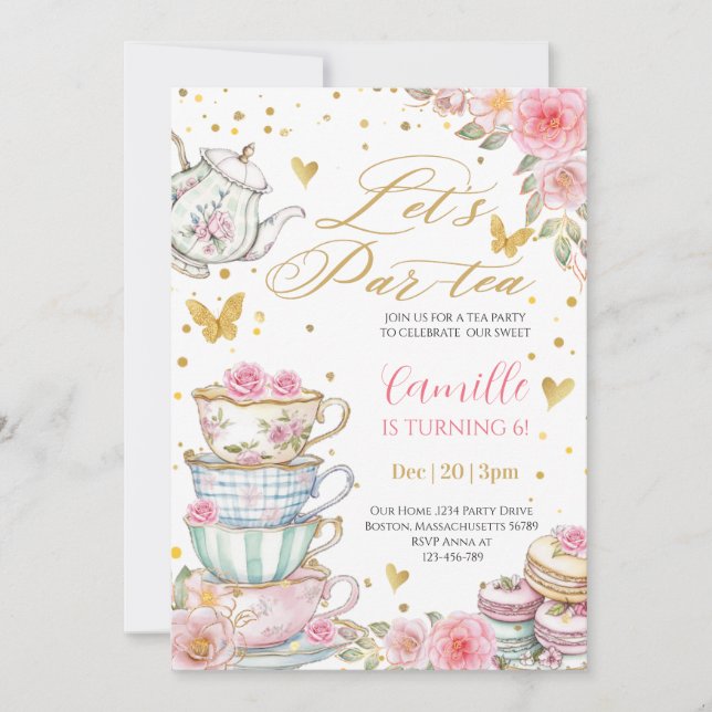Convite Whimsical rose Pink Floral Tea Party Birthday  (Frente)