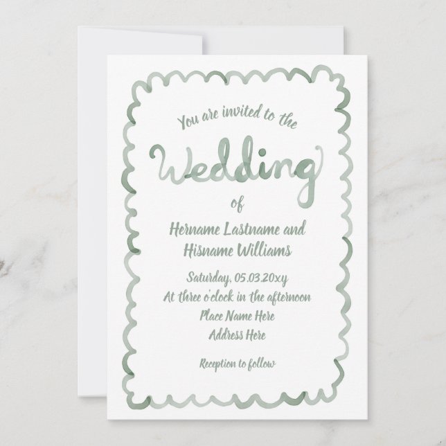 Convite Whimsical Sage Green Hand Drawn Watercolor Wedding (Frente)