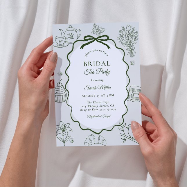 Convite Whimsical Sage Hand Drawn Tea Party Bridal Shower (Criador carregado)