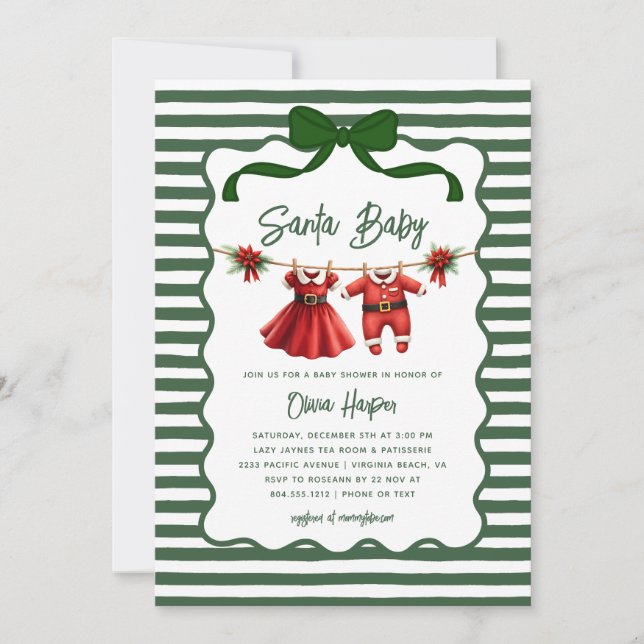Convite Whimsical Santa Baby Bow Baby Shower Invitation (Frente)