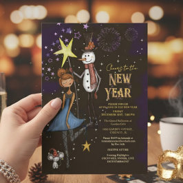 Convite Whimsical Snowman & Starry Night New Year's Eve