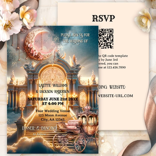 Convite Whimsical Steampunk Fairy Tale Tudo em Um Casament (Victorian steampunk whimsical all in one wedding invitation with fairy tale moon and carriage)