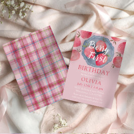 Convite Whimsical Strawberry Pink 1st Birthday Watercolor 