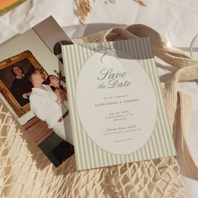 Convite Whimsical Stripe Green Wedding Save the Date (Criador carregado)