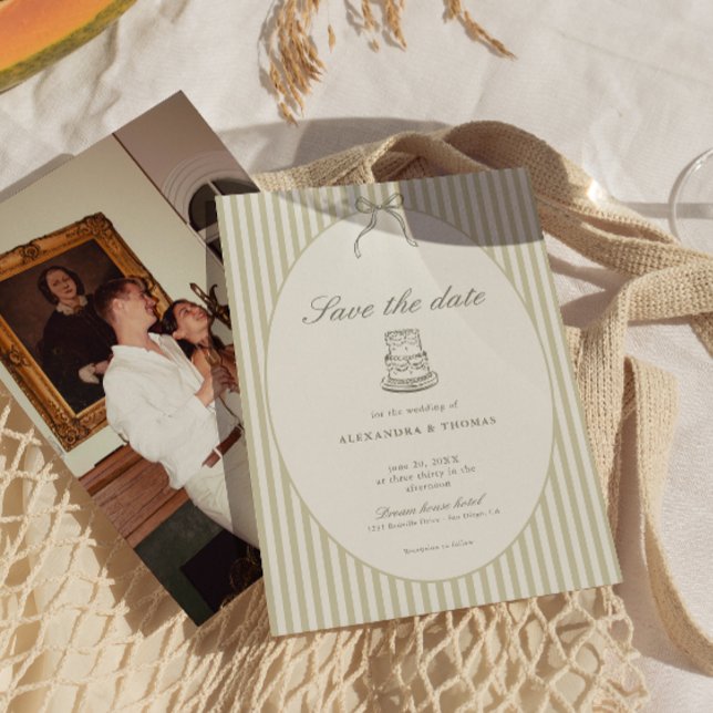 Convite Whimsical Stripe Green Wedding Save the Date (Criador carregado)