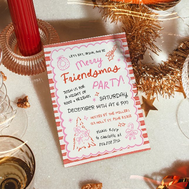 Convite Whimsical Striped Friendsmas Christmas Party (Criador carregado)
