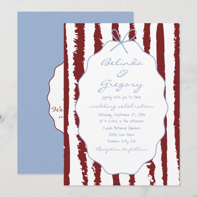 Convite Whimsical Stripes Handwritten Painted Wedding  (Frente/Verso)