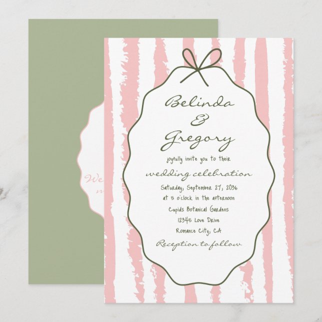 Convite Whimsical Stripes Handwritten Painted Wedding  (Frente/Verso)