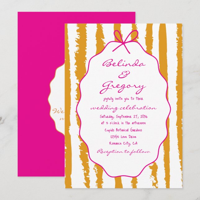 Convite Whimsical Stripes Handwritten Painted Wedding  (Frente/Verso)