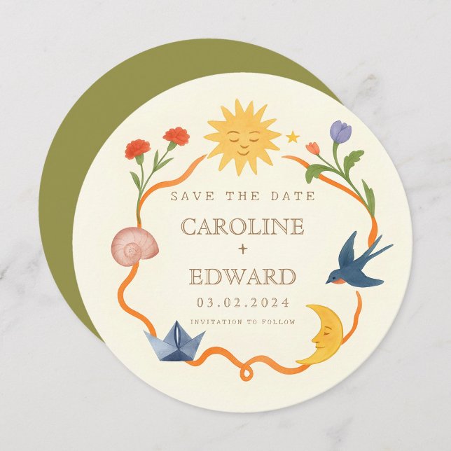 Convite Whimsical Sun and Moon Round Save the Date  (Criador carregado)