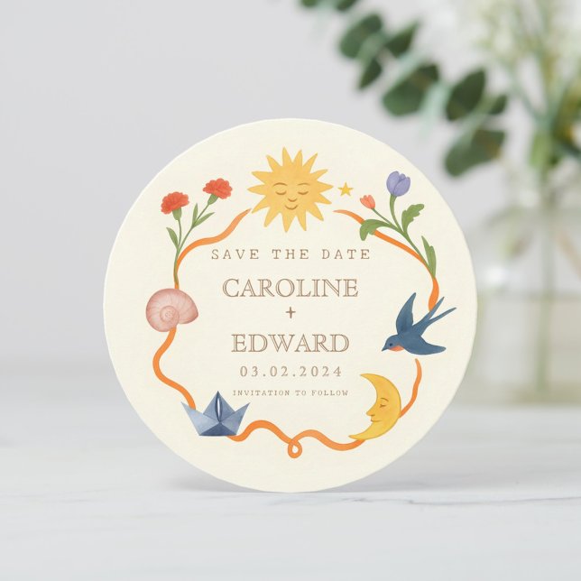 Convite Whimsical Sun and Moon Round Save the Date  (Criador carregado)