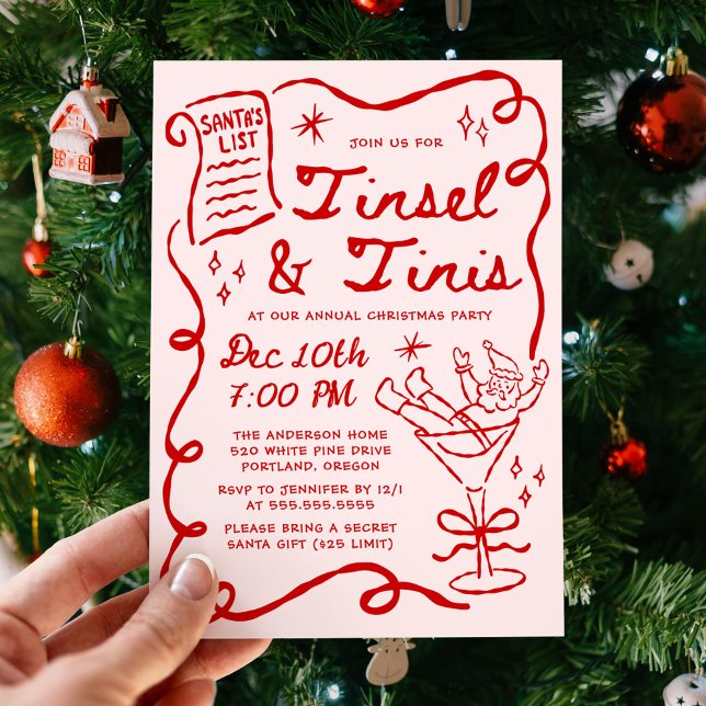 Convite Whimsical Tinsel and Tinis Christmas Party (Criador carregado)