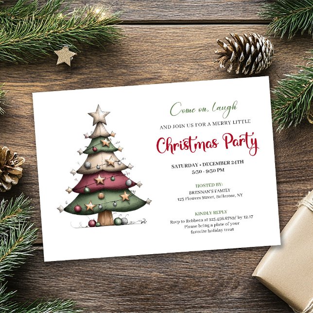 Convite Whimsical tree classic red green Christmas invite (Whimsical tree classic red green Christmas invite)