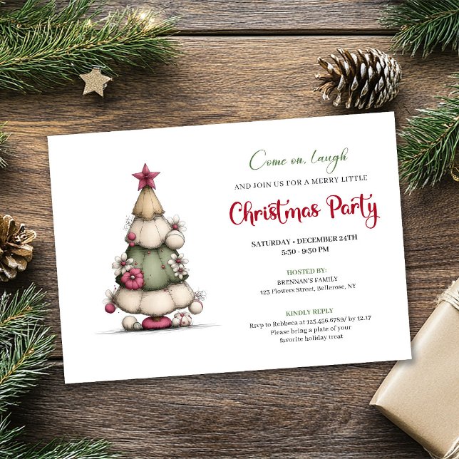 Convite Whimsical tree red green festive party invitation (Whimsical tree red green festive party invitation)