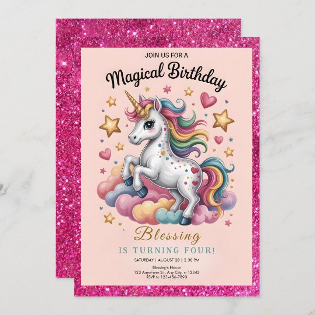 Convite Whimsical Unicorn 4th Birthday (Frente/Verso)
