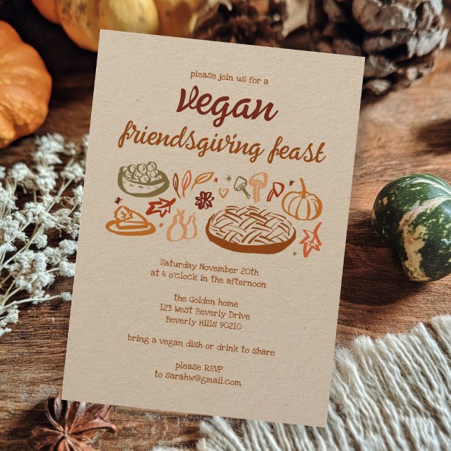 Convite Whimsical VEGAN Ação de Graças e Amizade Kraft (Whimsical VEGAN VEGETARIAN Thanksgiving Friendsgiving Kraft Invitation 
)