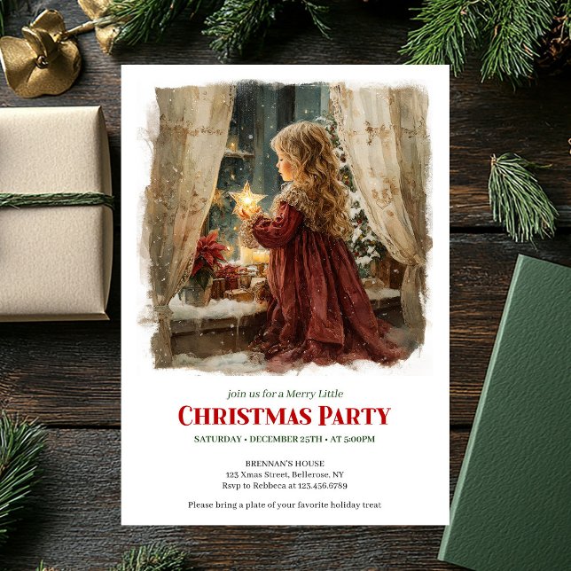 Convite Whimsical Victorian Little Girl Awaiting Santa  (Whimsical Victorian Little Girl Awaiting Santa Printable Invite)