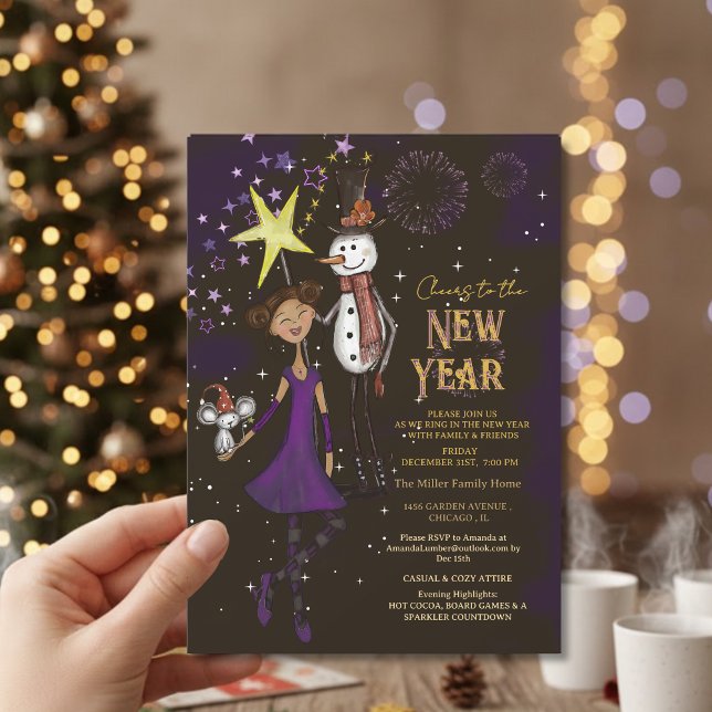 Convite Whimsical Village Family New Year's Eve Snowman (Whimsical Village Family New Year's Eve Snowman Invitation)