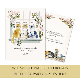 Convite Whimsical Watercolor Cats Birthday Party |