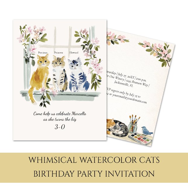 Convite Whimsical Watercolor Cats Birthday Party | (Criador carregado)