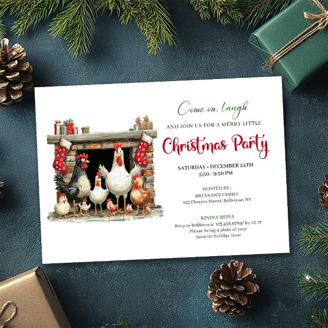 Convite Whimsical Watercolor Chickens Christmas Party  (Whimsical Watercolor Chickens Christmas Party Invite)