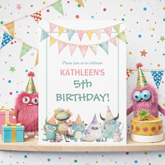Convite Whimsical Watercolor Funny Monsters Birthday  (Criador carregado)