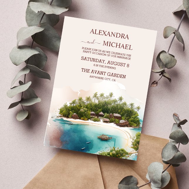 Convite Whimsical Watercolor Maldives Casamento de Destino (Criador carregado)