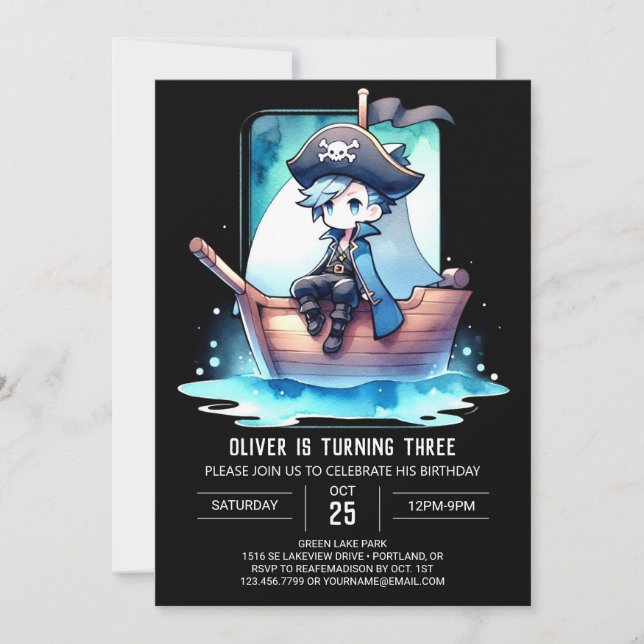 Convite Whimsical Watercolor Pirate Birthday (Frente)