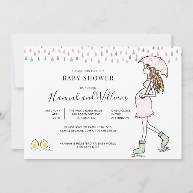Convite Whimsical Watercolor Rainy Day Baby Shower (Frente)